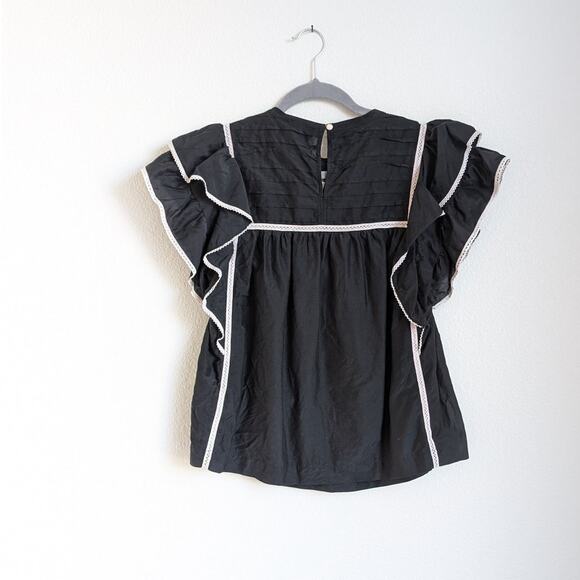 7 For All Mankind Black Ruffle Cap Sleeve Crew-Neck Blouse Top, size S - Picture 2 of 6
